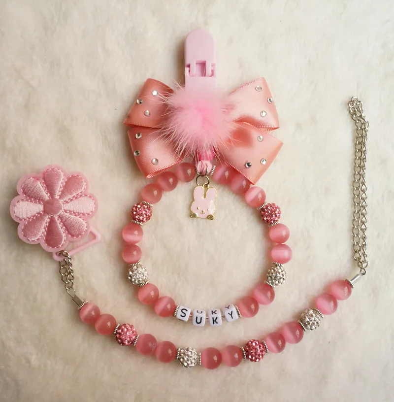 

Set of 2 Personalised-any name stunning Pink Opal bling baby pram charm/stroller accessories and pacifier clip/holder dummy clip