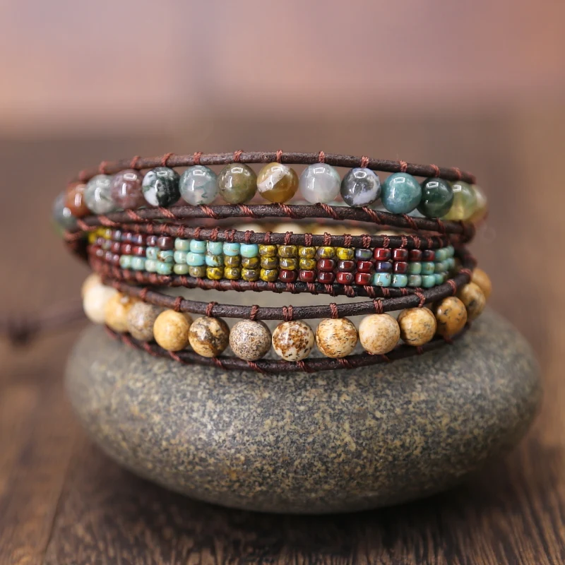 

Vintage Leather Bracelets 6MM Stone 3 Strands Wrap Bracelets Woven Multilayer seed beads Boho Bracelet Handmade gift Jewelry