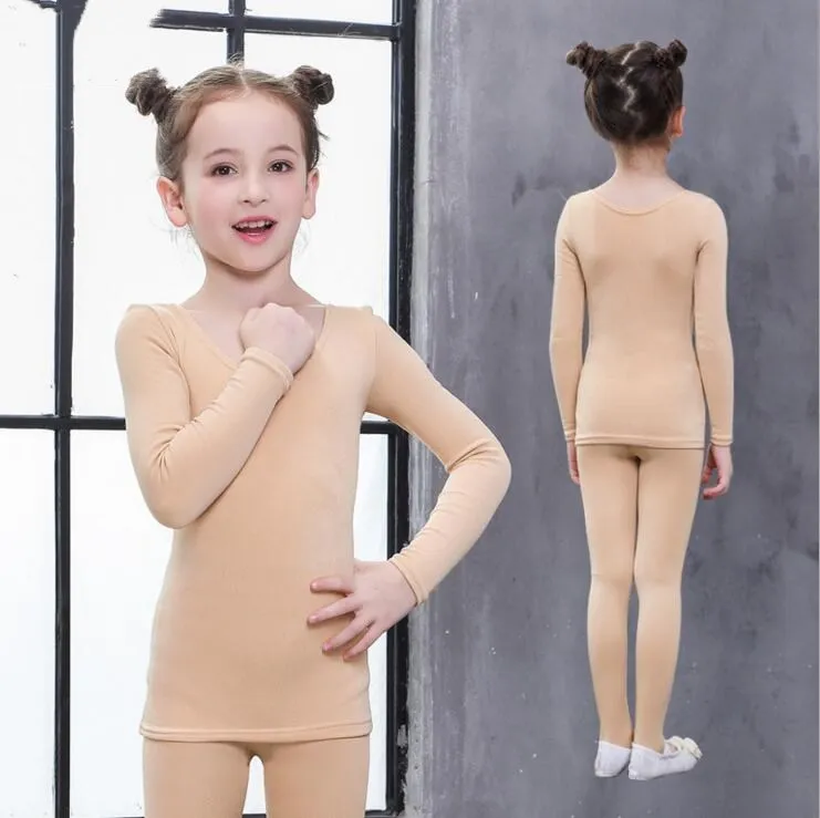 Pure Spring Tight Thermal Set Cotton Children Long Johns Girls Thermal Underwear thick Nude O-neck elastic solid 3Y-12Y KU-1521