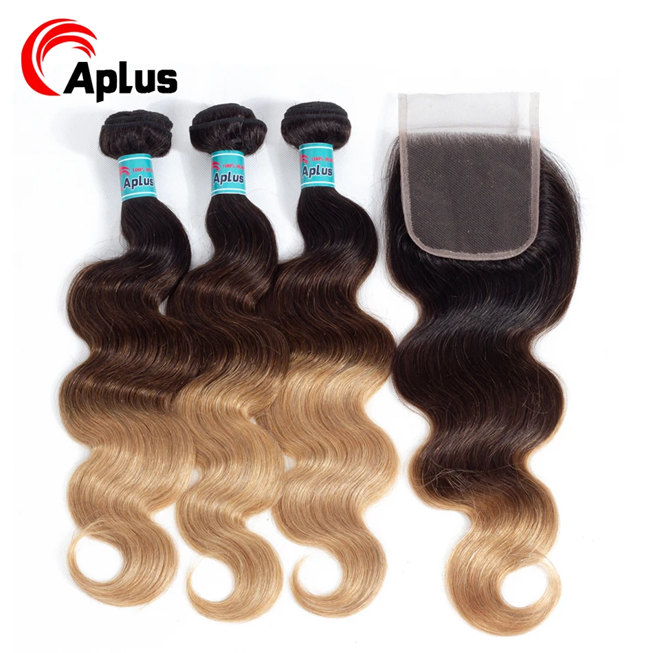 

Aplus 3 Tone Ombre Body Wave Human Hair Bundles With Closure 1B/4/27 Malaysian Hair Bundles With 4*4 Lace Closure Nonremy Weave