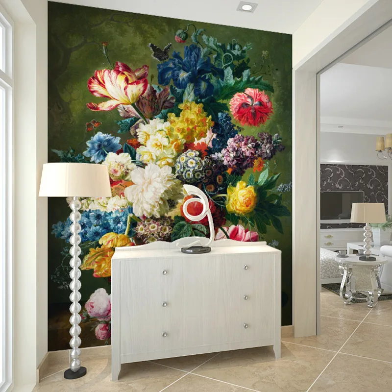 

Custom Any Size Mural Wallpaper European Style Romantic Beautiful Oil Painting Flowers Mural Hotel Living Room Entrance Fresco