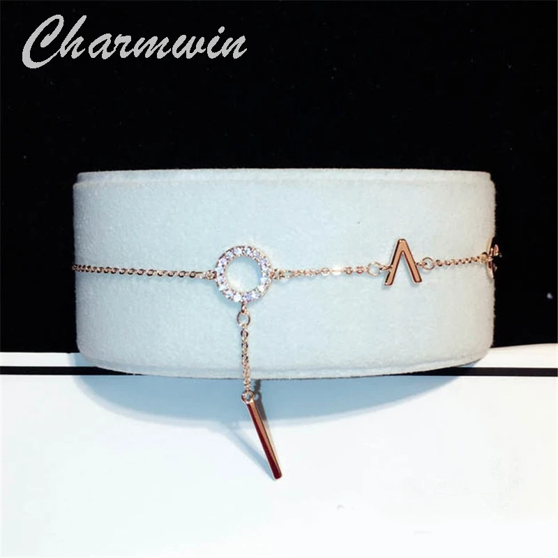 

Charmwin New Fashion Charm Bracelets Women Rose Gold Color link chain Bracelet for Women Rhinestone Letter Bracelets
