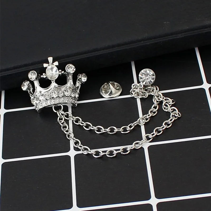 

2019 Fashion British Style Men 's Crown shape Brooches Suit chain Corsage Retro Badge Pins Crystal Crown Cufflinks for women