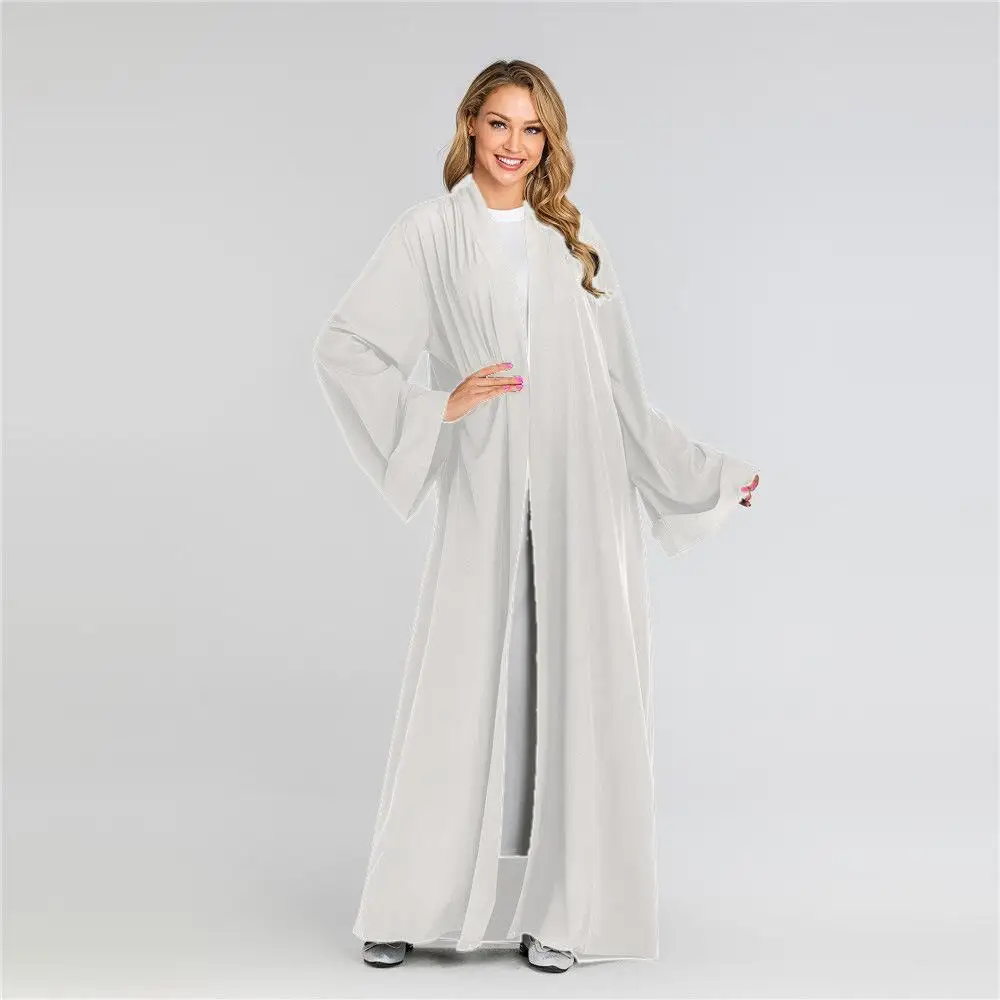 New Open Front Cardigan Dubai Kimono Abaya Maxi Dress Muslim For Women Solid Color Long Sleeve Arab Robe Gown Middle East Dress