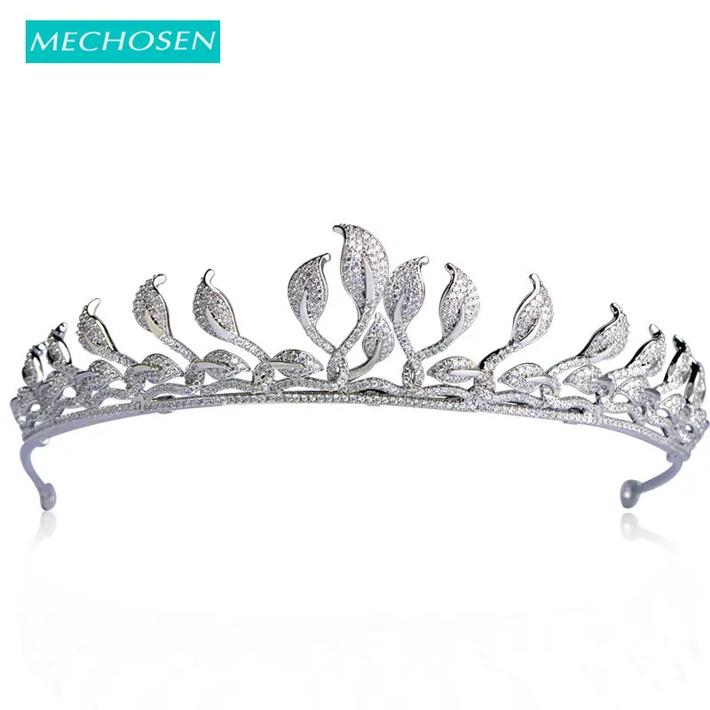 

MECHOSEN Gorgeous Women Bridal Wedding Tiaras and Crowns Silver Color Cubic Zirconia Leaves Hairwear Accessories Tiara de noiva