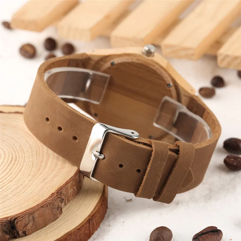 Creative Watches Women Genuine Leather Band Bamboo Case Lady Wrist Watch Wooden Light Yellow Dial Modern Female Clock Xmas Gifts