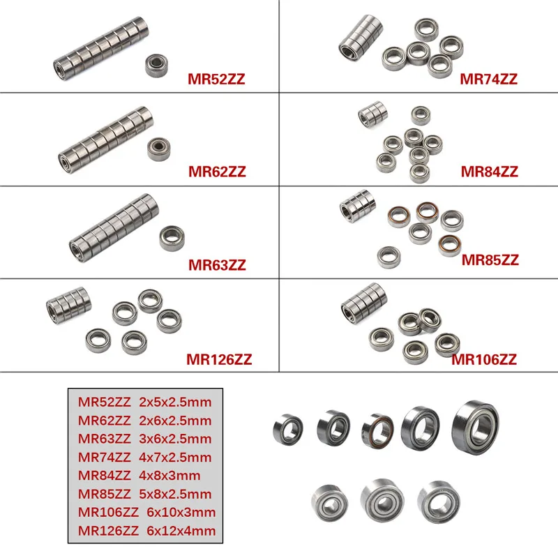 10 шт. MR52 ZZ MR62ZZ MR63ZZ MR74ZZ MR84ZZ MR85ZZ MR106ZZ MR126ZZ мини Подшипники 2x5x2,5 2x6x2,5 3x6x2,5 4x7x2,5 мм 4x8x3 мм