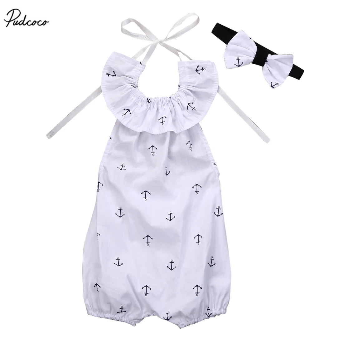 

New 2017 Princess Kids Baby Girls Sleeveless Romper Anchor Ruffles Backless Bandage Jumpsuit Outfits Sunsuit
