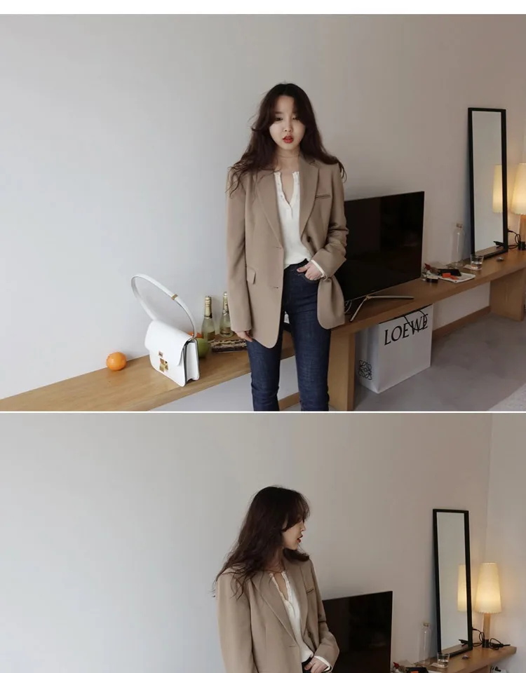 Women Blazer Single Breasted Regular Length Solid Notched Pockets Full Sleeve Korean England Style