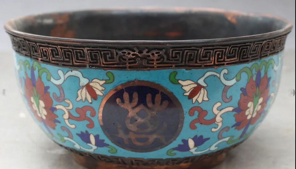

S0023 9" Chinese Dynasty palace Purple Bronze Cloisonne Enamel Flower Offering Bowl D0317