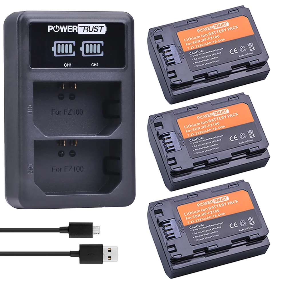 

3x 2280mAh NP-FZ100 NPFZ100 NP FZ100 Battery + LED Dual USB Charger for Sony BC-QZ1 Alpha 9 9R A9R 9S ILCE-9 A7R A7 III ILCE-7M3
