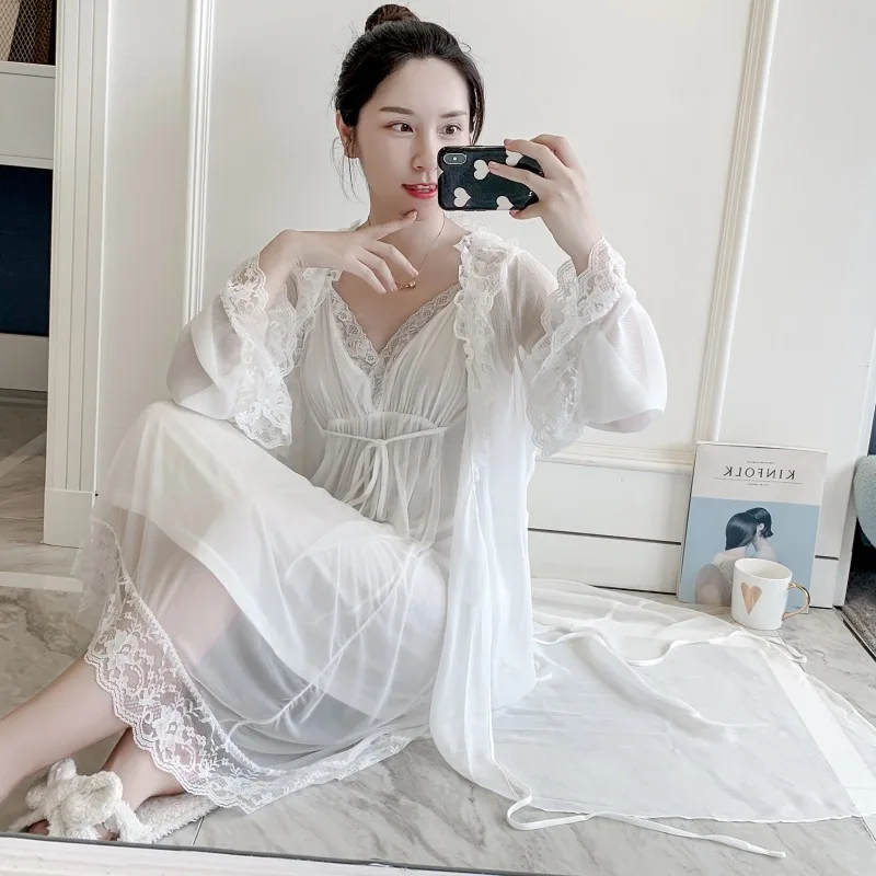 

Lisacmvpnel Retro Lace Women Robe Set V-Neck Nightdress Cardigan Twinset Sleepwear
