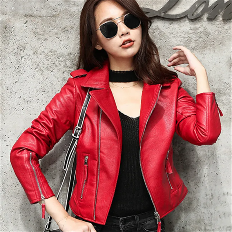 

Bomber Outerwear Korean Style Women PU Parkas Red Slim Zipper Motorcycle Leather Crop Jacket