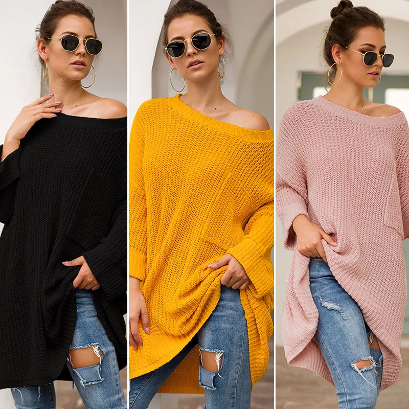 Женские свитера и пуловеры, большие размеры Трикотаж, свитер с круглым вырезом, длинный рукав, карман, джемпер, женский свободный трикотаж, черный, розовый, желтый