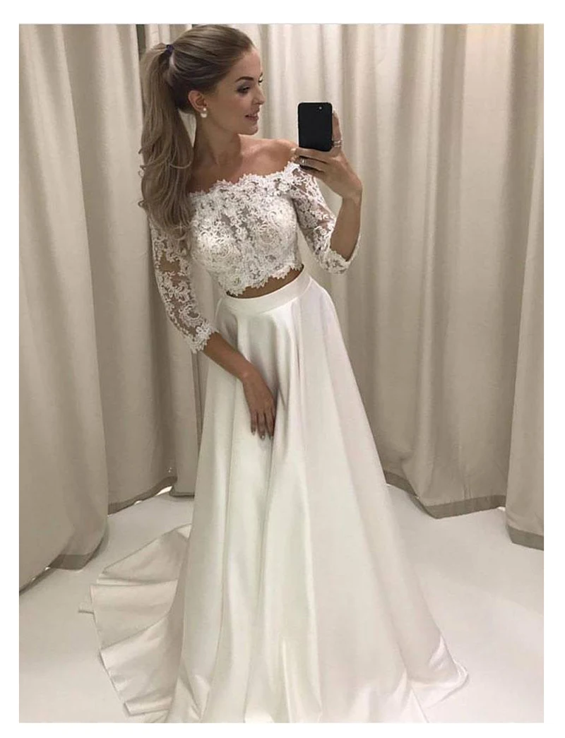 

LORIE White Boho Wedding Dress Lace 3/4 Sleeves Chiffon Simple Princess Bride Dress 2 Sets Pieces Custom Made Wedding Gown 2019