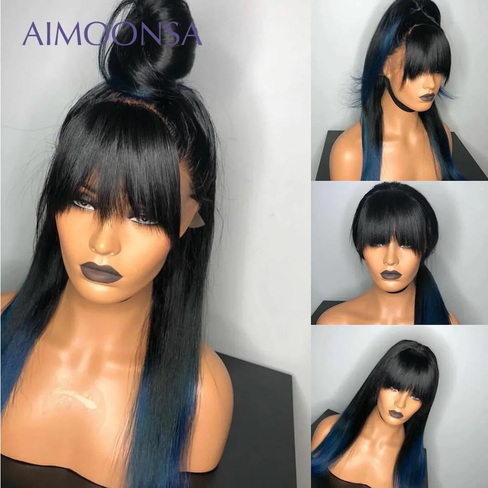 

Blue Wig Ombre Lace Front Bang Wig Colored Human Hair Wigs With Bang 13x6 Brown Color Straight Lace Frontal Wigs Remy