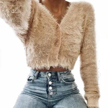 Новинка; Повседневная Осенняя верхняя одежда; короткое тонкое пальто для женщин; короткий мохер с длинными рукавами; свитер; элегантный вязаный свитер с v-образным вырезом на одной пуговице