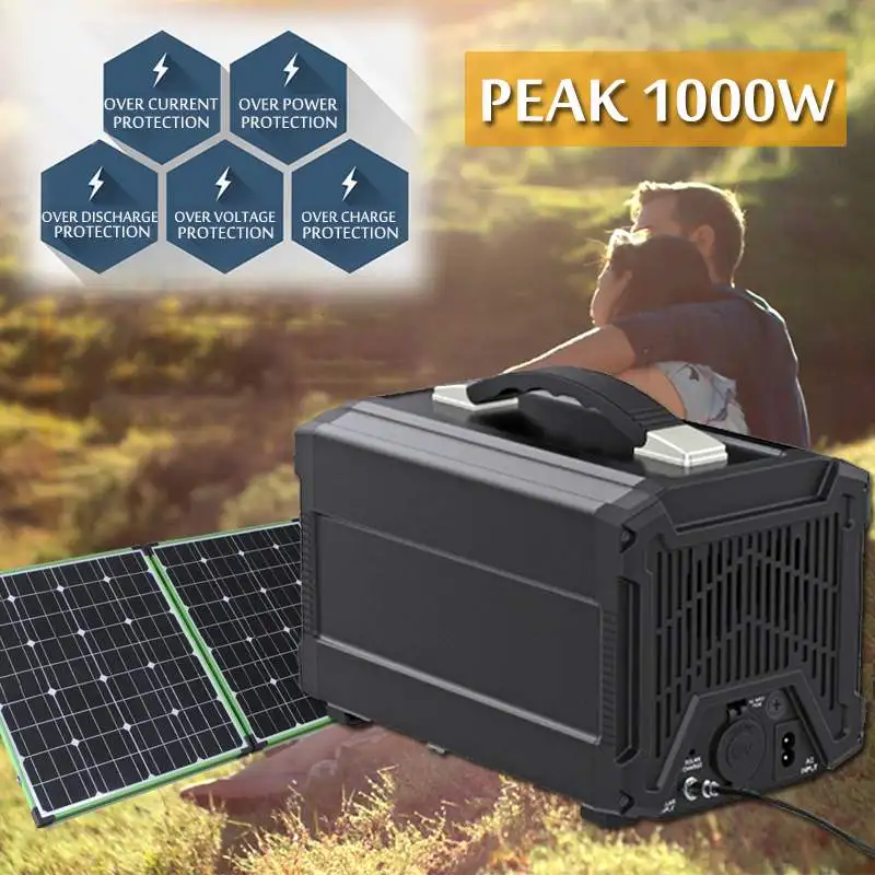 

1000W Portable Solar Generator Inverter UPS Pure Sine Wave Power Supply USB Outdoor Energy Storage LCD Display 120000mAh
