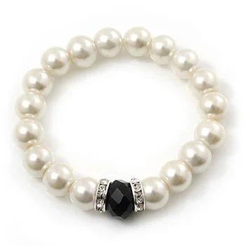 

FREE SHIPPING PEARL WITH BLACK CRYSTAL BEADS AND CRYSTAL RONDAL STRETCH BRACELET