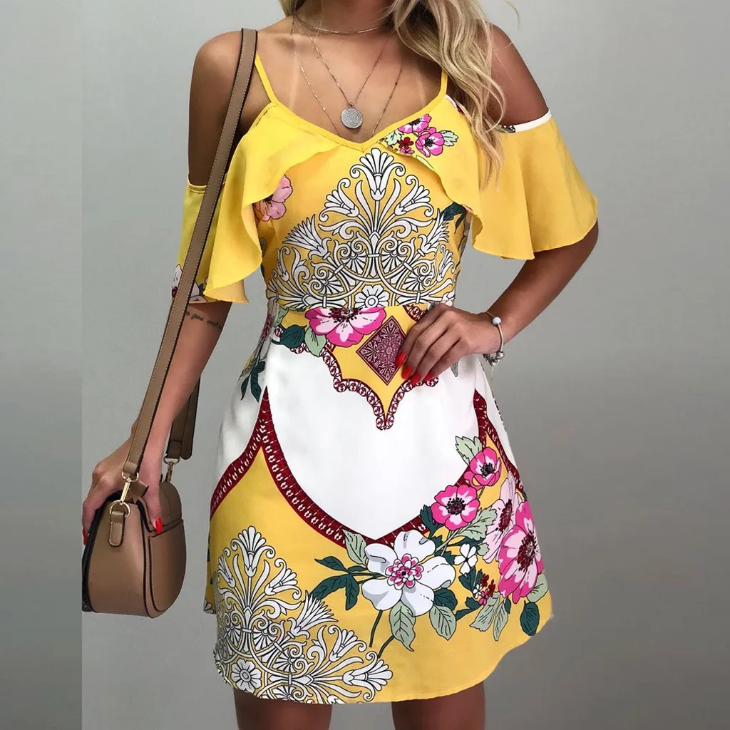 Женское летнее сексуальное мини-платье в стиле бохо с открытыми плечами, с принтом, на бретелях, короткое пляжное платье, желтые женские платья vestidos