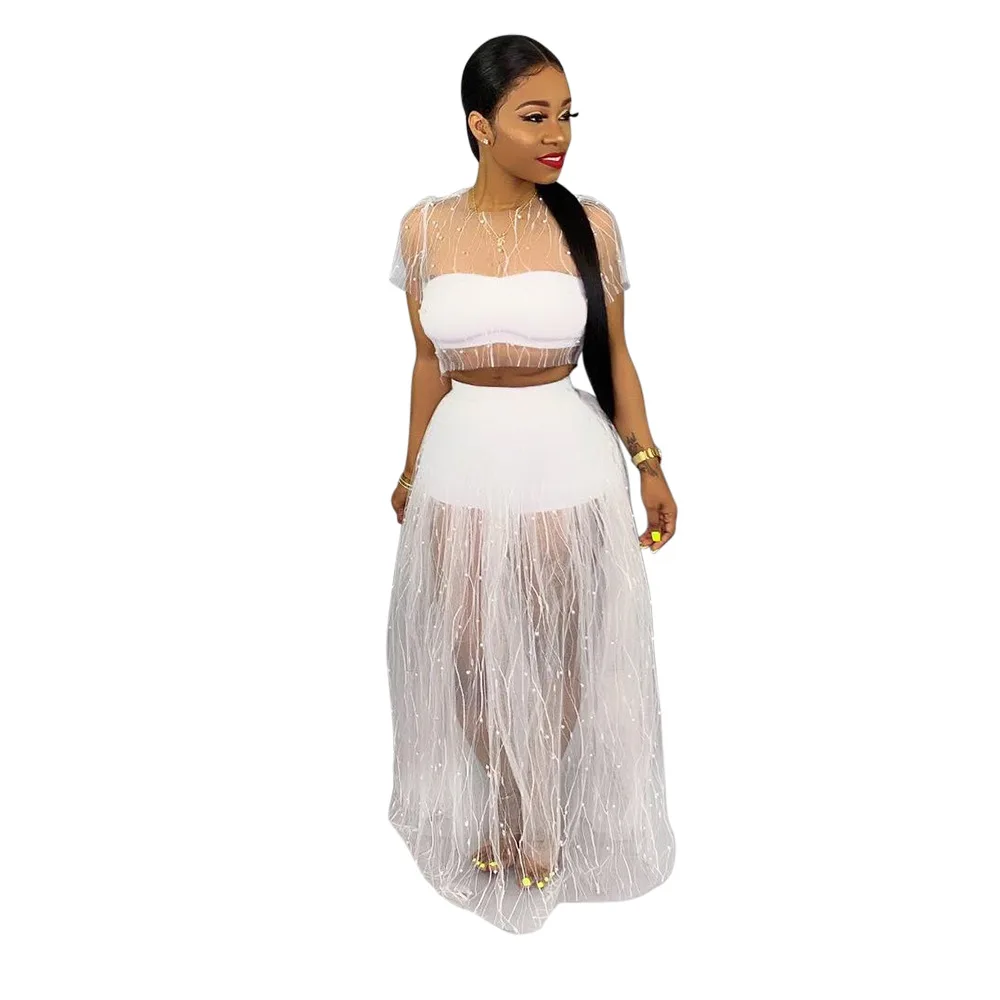

Women Two Piece Suit Fashion Mesh Beading Set Female Casual Sexy Semi-Transparent Crop Tops + Long Skirt Playsuit Bodysuit Beach
