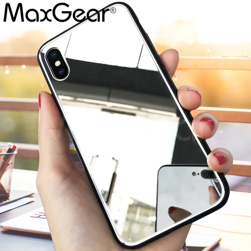 

MaxGear Luxury Mirror Case For iPhone 6 6S 7 8 Plus Tempered Glass Back Cover For iPhone X Soft TPU Edge Shockproof Cases Coque