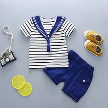Детская одежда для мальчиков, комплект летней одежды в полоску для детей 1, 2, 3, 4 лет, футболка с темно-синим воротником+ шорты, комплект одежды для детей