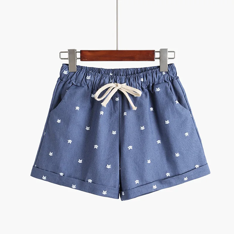 DANJEANER Free shipping 2018 New Summer Shorts With Cats Pattern High Waist Elastic Cotton Short Fresh Floral Women Shorts