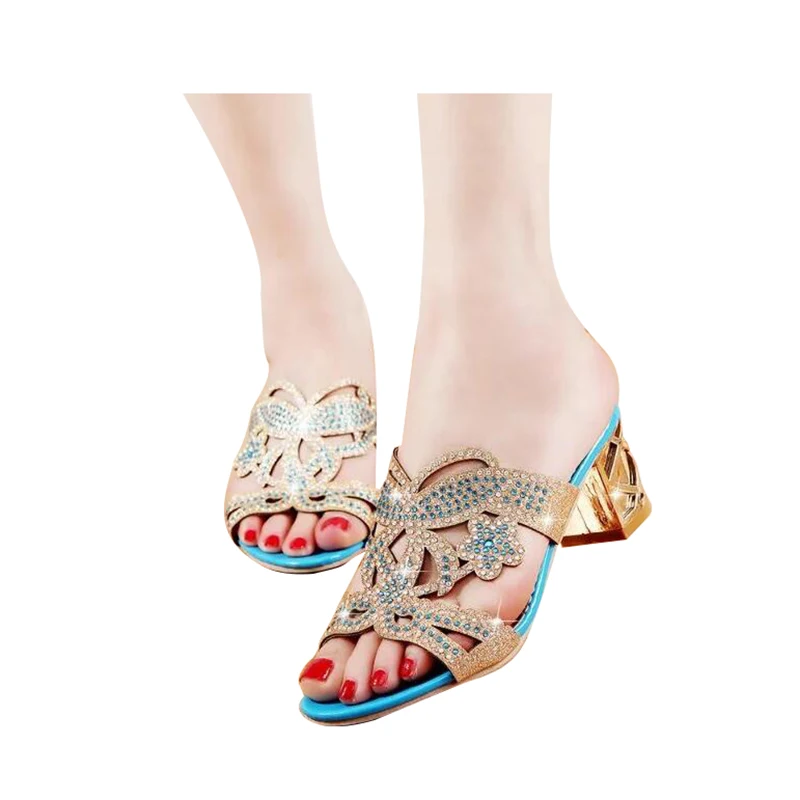 HEE GRAND/женские шлёпанцы для женщин Цветочный Bling Блеск искусственная кожа Летний стиль обувь женский квадратный каблук модные шлепанцы сандалии XWT594
