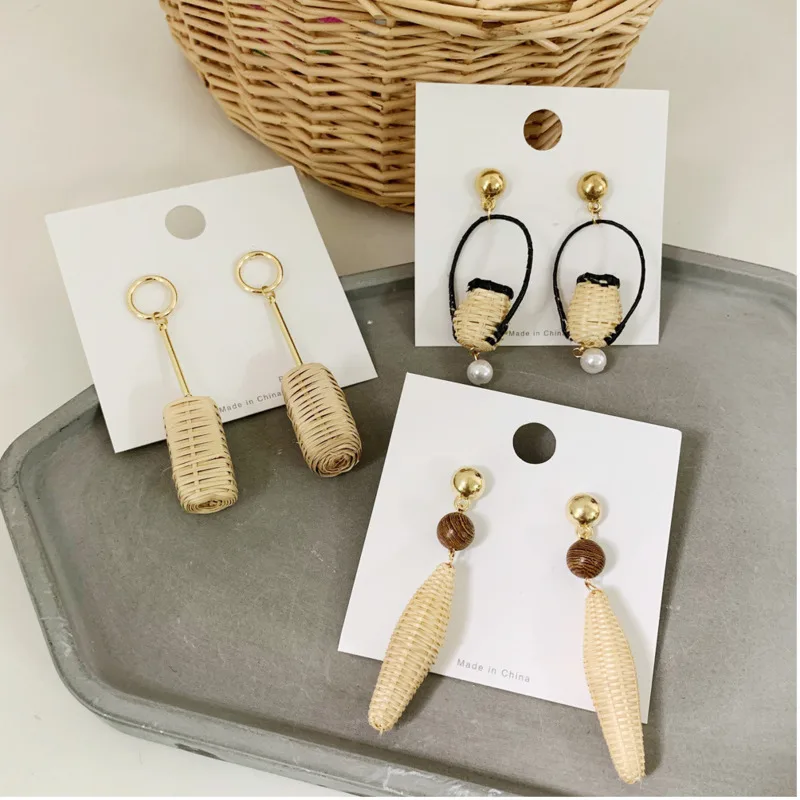 

Korean Earrings 2019 Female Ear Rings Vintage Woven Rattan Wooden Earrings Bamboo Earrings Ethnic Style Jewelry
