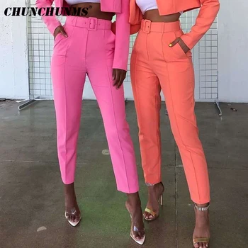 

2019 Formal OL Women Pants High Waist Belt Suit Pants Candy Color Femme Pantalones Work Wear Women Trouser Straight Leg Slacks