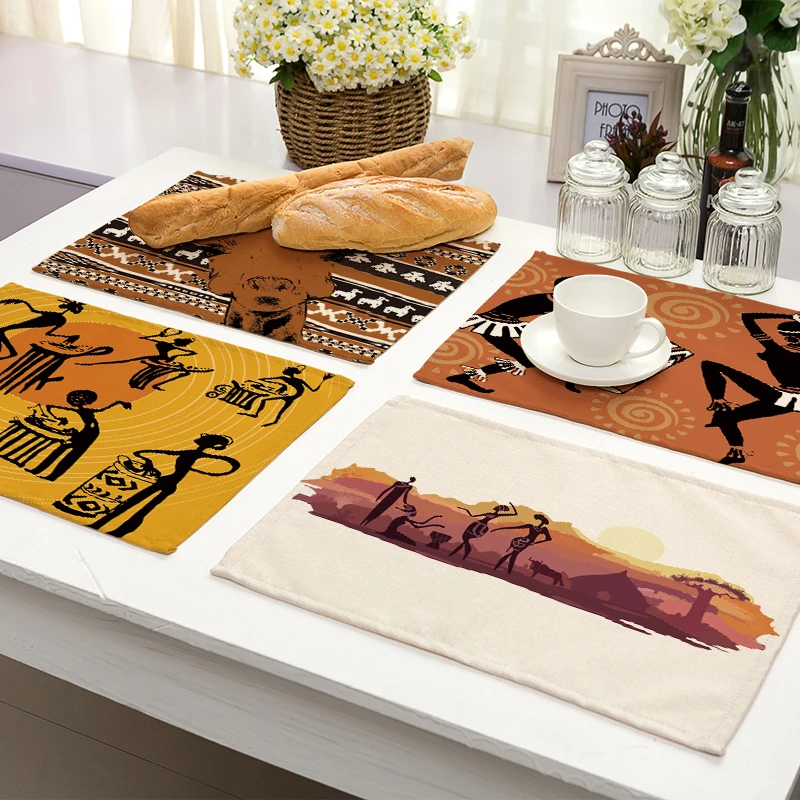 Miracille 2/4/6 قطع القطن الكتان الطعام الجدول المفارش كوستر مطبخ اكسسوارات الأفريقي الرقص النساء الطباعة المنزلية الزخرفية