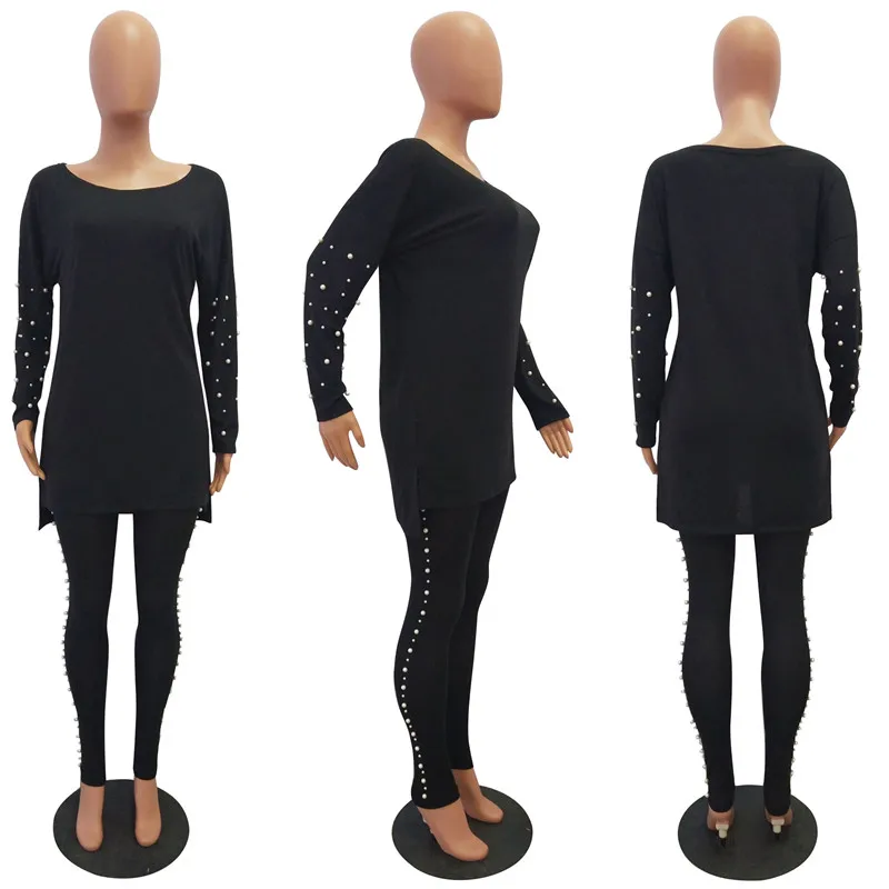 2018 autumn fashion pearls long tops and pants set-2