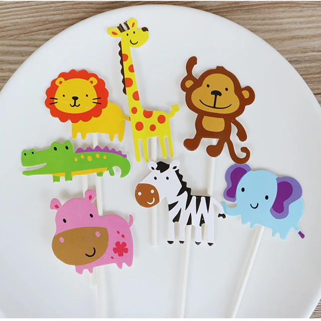 7pcs Cute Wild Animal Cake Toppers Jungle Party Supplies Kids 1st