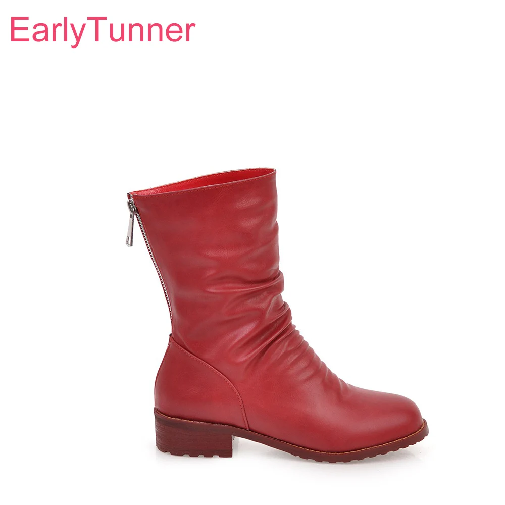 

Brand New Winter Black Red Comfortable Mid Calf Women Slouch Boots Lady Riding Shoes Chunky Heels EH752 Plus Big Size 10 43 45