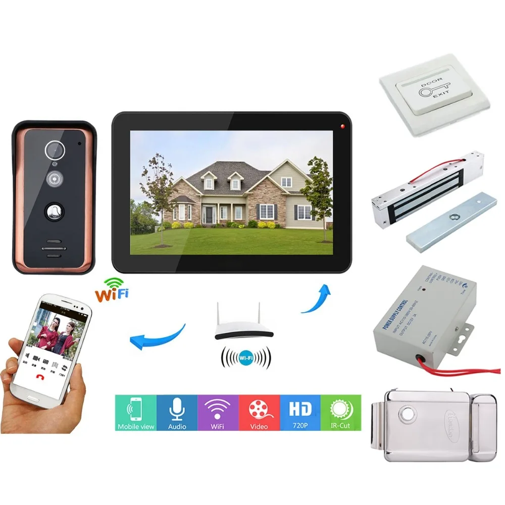 

Home set 9 inch LCD Wireless Wifi RFID Password Video Door Phone Doorbell Intercom Entry System Wired Camera+Electric Lock