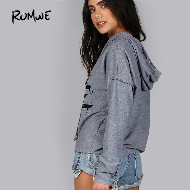  ROMWE Women Hoodies Sweatshirts Printed Distressed Cut Out Edgy Hoodie Autumn Grey V Neck Long Slee