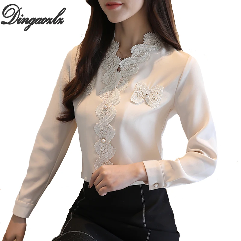 Dingaozlz blusas femininas elegante Женская белая блузка модная шифоновая рубашка с длинным рукавом Повседневные кружевные топы офисные женские рубашки