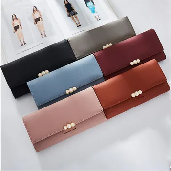 

Pearl Element Women Wallets Credit Card Purse Cell Phone Pocket Ladies Clutch Bag Red Soft Leather Long Female Wallet
