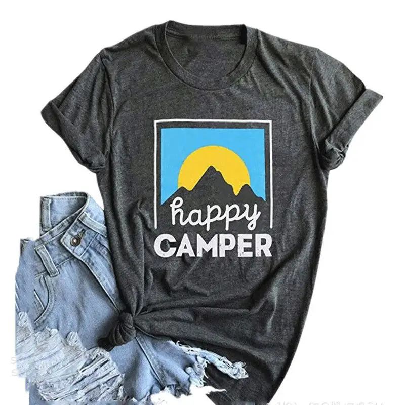 Для женщин короткий рукав с круглым вырезом Happy Camper, с принтом в виде букв футболка восход солнца Графические футболки, рубашка, топы для летних каникул футболки Топ