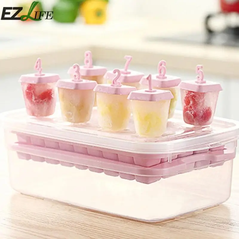 

Popsicle Ice Cream Mold+Ice Cube Tray Box Set With Lid Cover Food Grade PP Mold Drink Jelly Freezer Mold Maker CFA0076