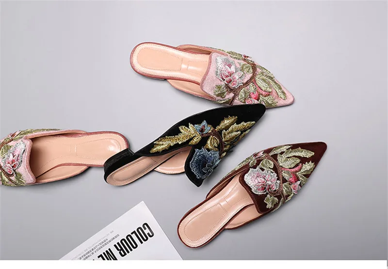 Ystergal/модные бархатные женские тапочки; обувь на плоской подошве с вышивкой; женские лоферы мюли с острым носком; женская обувь на плоской подошве; Уличная обувь