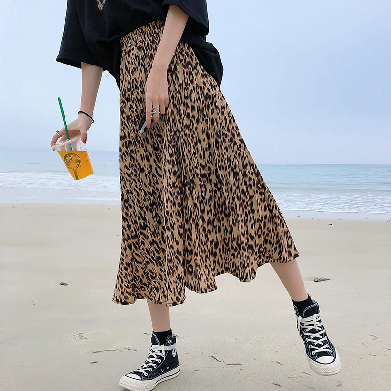 

2019 Korean Summer Long Skirts Womens High Waist Leopard Pleated Skirts Vintage Streetwear A-Line Ladies Skirt jupe femme faldas