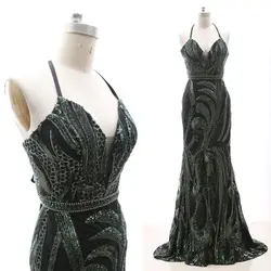 MACloth темно-зеленый Оболочка V шеи длиной до пола Длинные Бисероплетение тюлевые платья для выпускного вечера платье S 264875 распродажа