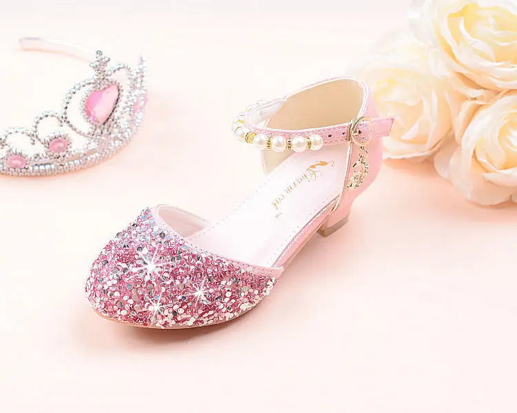 Contas de Cristal Sapatos de Dança de Salto Crianças Menina Sapatos Meninas Alto Festa Princesa Tamanho 26-38 Tira Rosa Gzx03 19 Mamãe e Bebê
