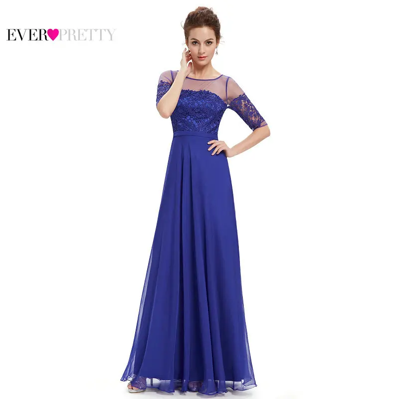 Ever Pretty элегантные женские вечерние платья с половинным рукавом сексуальные трапециевидные шифоновые Кружева Аппликации с открытой спиной Вечерние платья из тюля - Цвет: Sapphire Blue