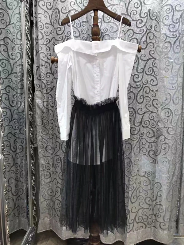 2017 a primavera eo verão novo arnês das mulheres camisa camisa + fio net meia saia terno 618