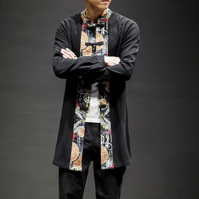 2019 Spring Traditionao Han Fu Coat Linen Men Long Dust coat Chinese Style Loose Printed Clothing Plus size trenches mens