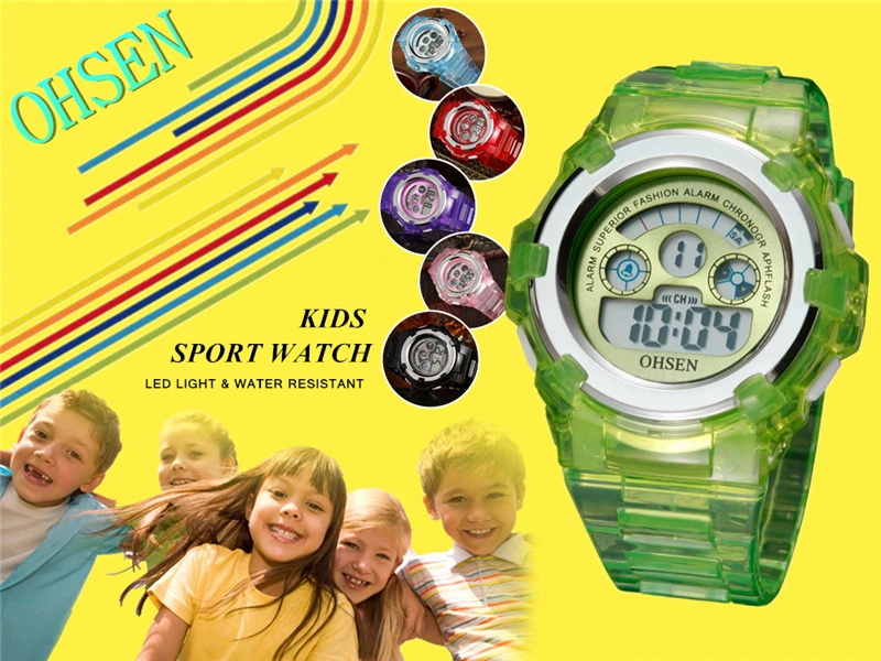 OHSEN многофункциональный детское цифровые часы мальчиков Девочка силиконовые спортивные электронные детские наручные часы светодиодный