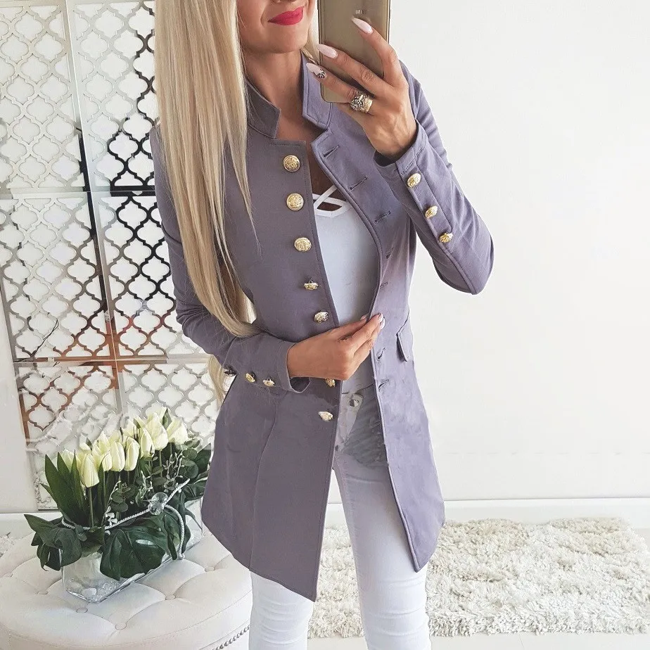 

Women Fashion Single Breasted Solid Long Jacket Elegant Office Lady Slim Jacket Casual Turtleneck Red Black Button Outerwear